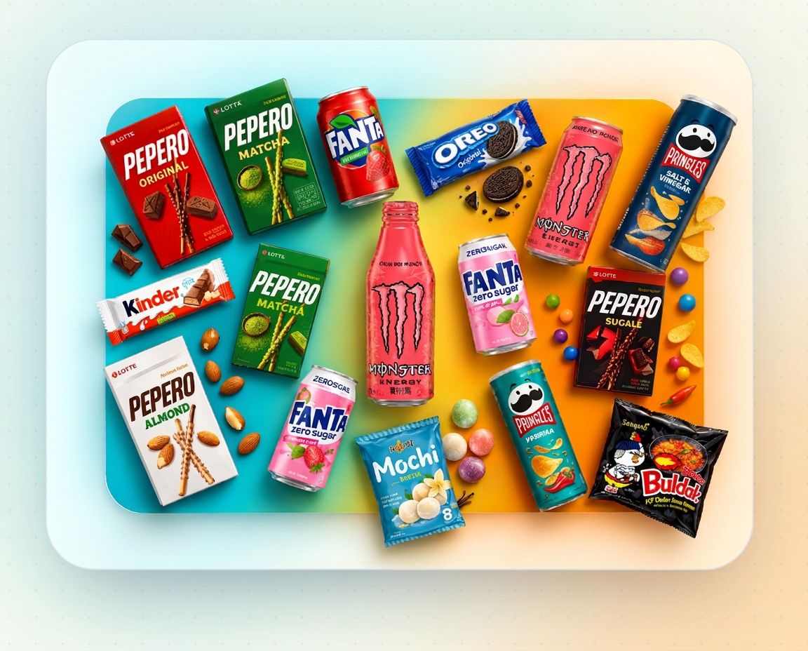 Selecție de snack-uri și băuturi internaționale